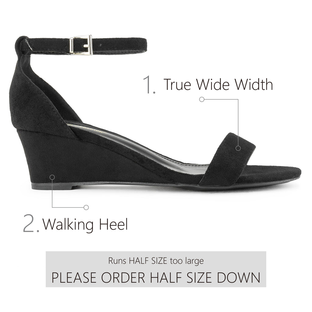 "Wide Width" Ankle Strap Low Platform Heel Wedge Sandals BLACK