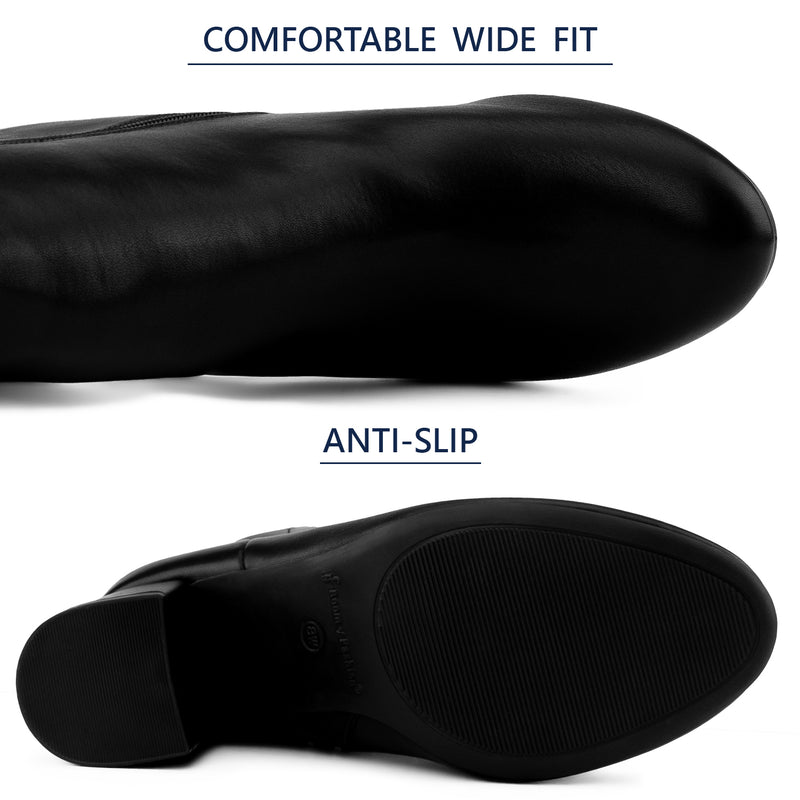 "Wide Width" Block Heel Ankle Boots - Plus Size Friendly BLACK PU