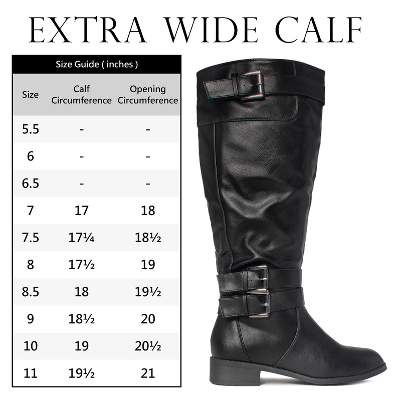 Extra Wide Calf Buckle Knee High Riding Boots w Pocket BLACK