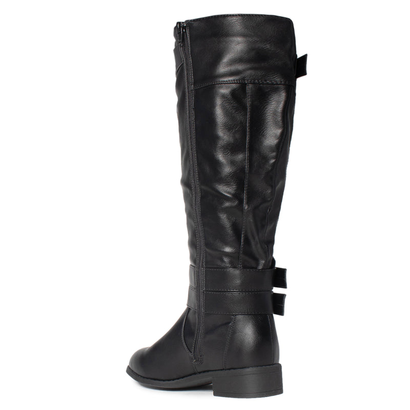 Extra Wide Calf Buckle Knee High Riding Boots w Pocket BLACK