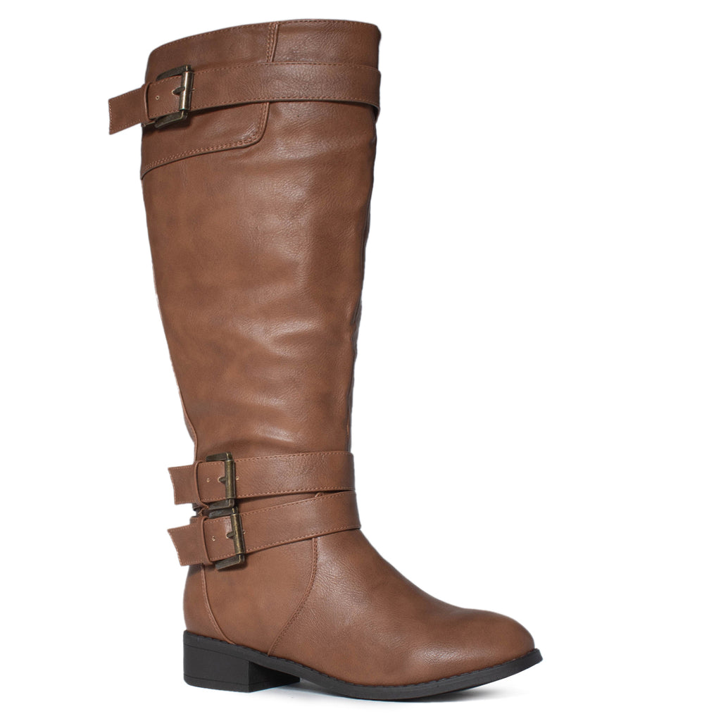 Extra Wide Calf Buckle Knee High Riding Boots w Pocket TAN