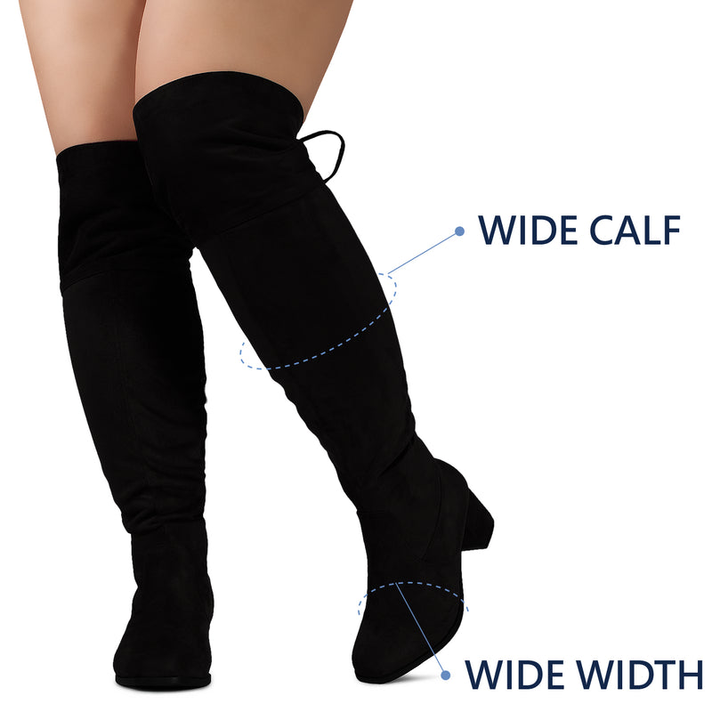 "Wide Calf & Wide Width" Chunky Heel Over The Knee Boots BLACK