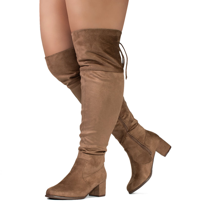 "Wide Calf & Wide Width" Chunky Heel Over The Knee Boots TAUPE