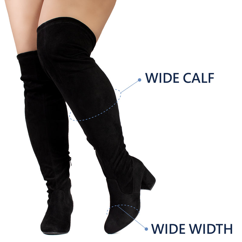 "Wide Calf & Wide Width" Stretchy Over The Knee Boots BLACK