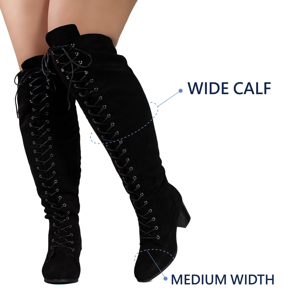 "Wide Calf" Block Heel Lace Up Over The Knee Riding Boots BLACK
