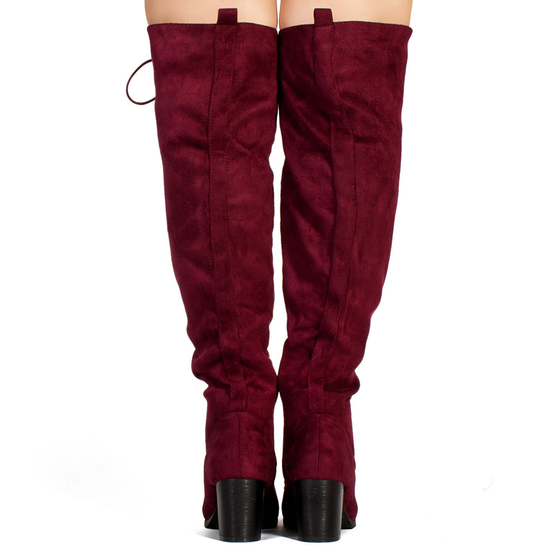 "Wide Calf" Lace Up Over The Knee Boots BURGUNDY