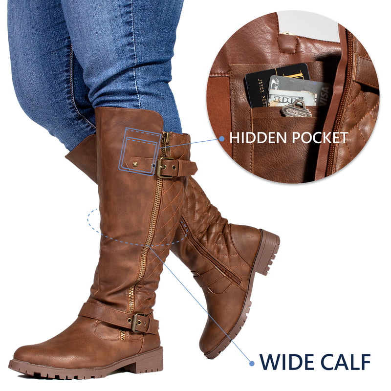 "Wide Calf" Lug Sole Knee High Riding Boots BROWN