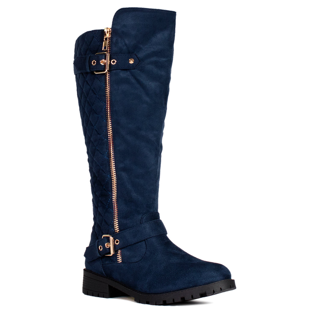"Wide Calf" Lug Sole Knee High Riding Boots NAVY
