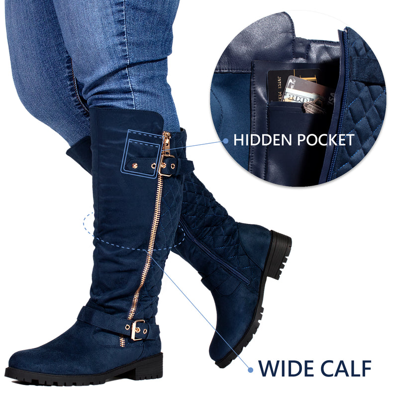 "Wide Calf" Lug Sole Knee High Riding Boots NAVY