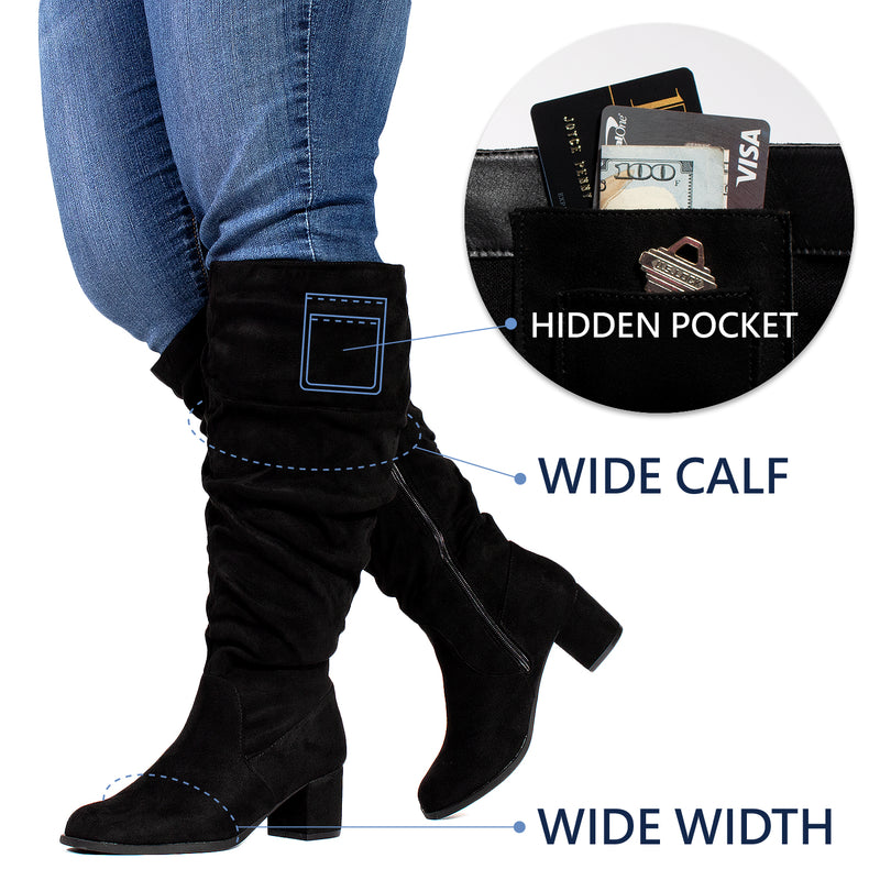 "Wide Calf & Wide Width" Slouchy Knee High Boots BLACK