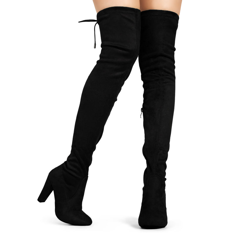 black suede leather thigh-high heeled boots
