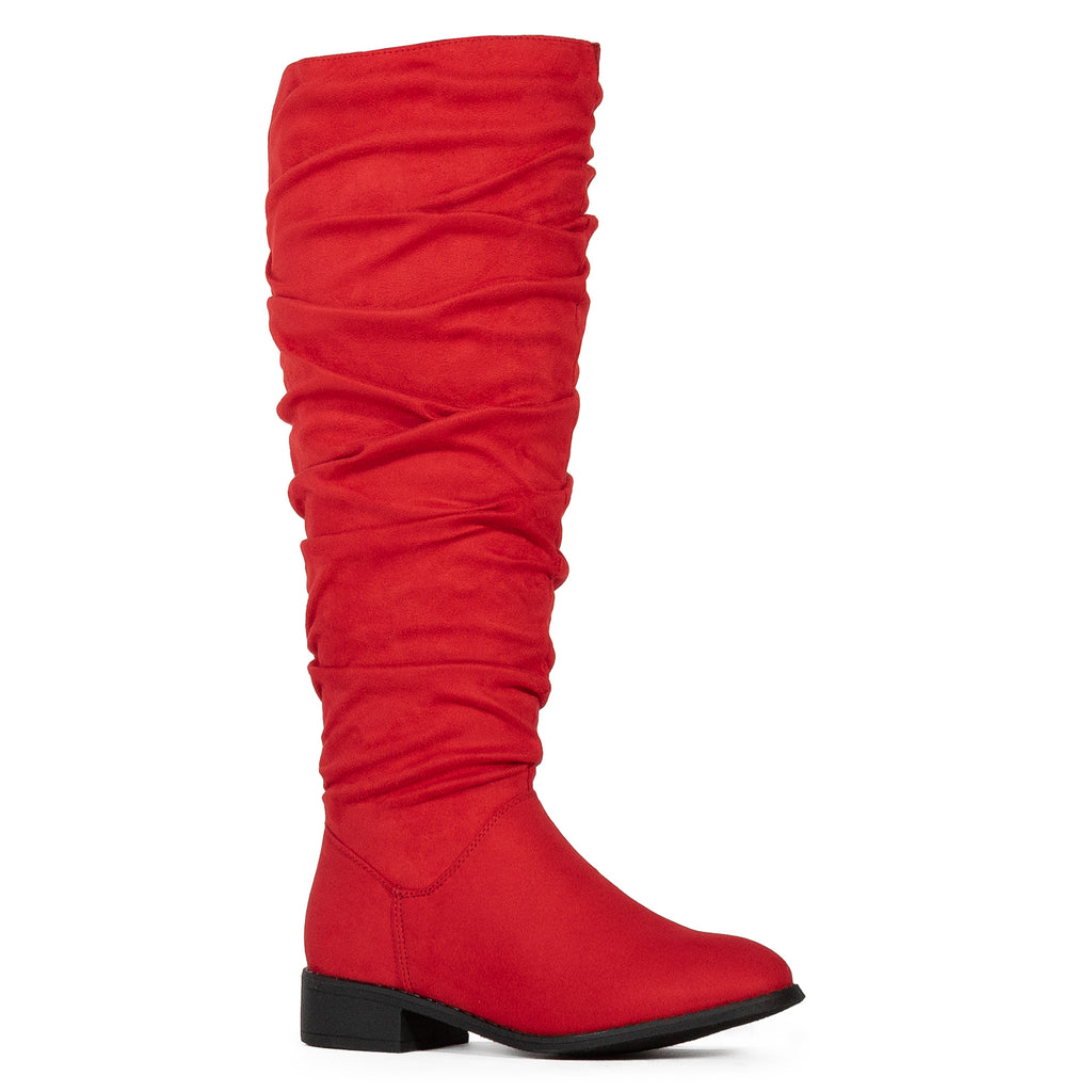 Medium Calf Slouchy Pull On Low Block Heel Knee High Boots RED