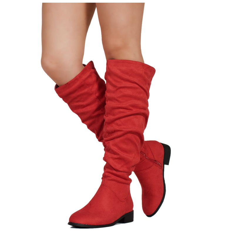 Medium Calf Slouchy Pull On Low Block Heel Knee High Boots RED