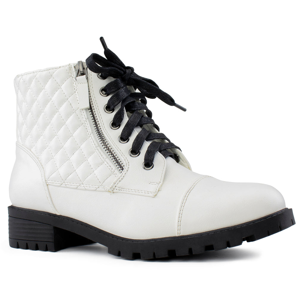 "Wide Width" Lug Sole Ankle Combat Hiking Boots w Pocket WHITE
