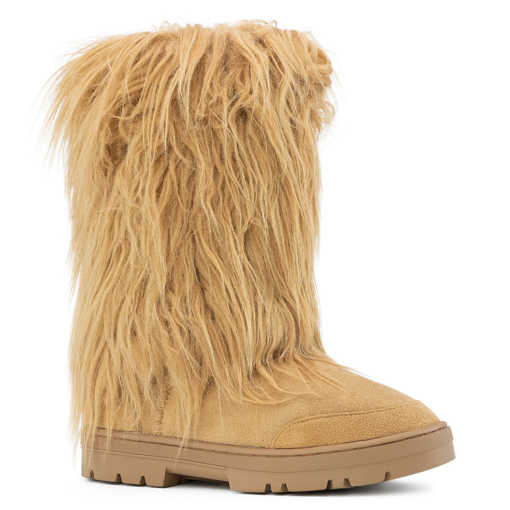 Long Fur Mid Calf Slip On Round Toe Lug Sole Eskimo Winter Boots CAMEL