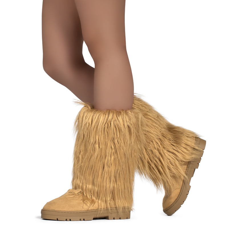 Long Fur Mid Calf Slip On Round Toe Lug Sole Eskimo Winter Boots CAMEL