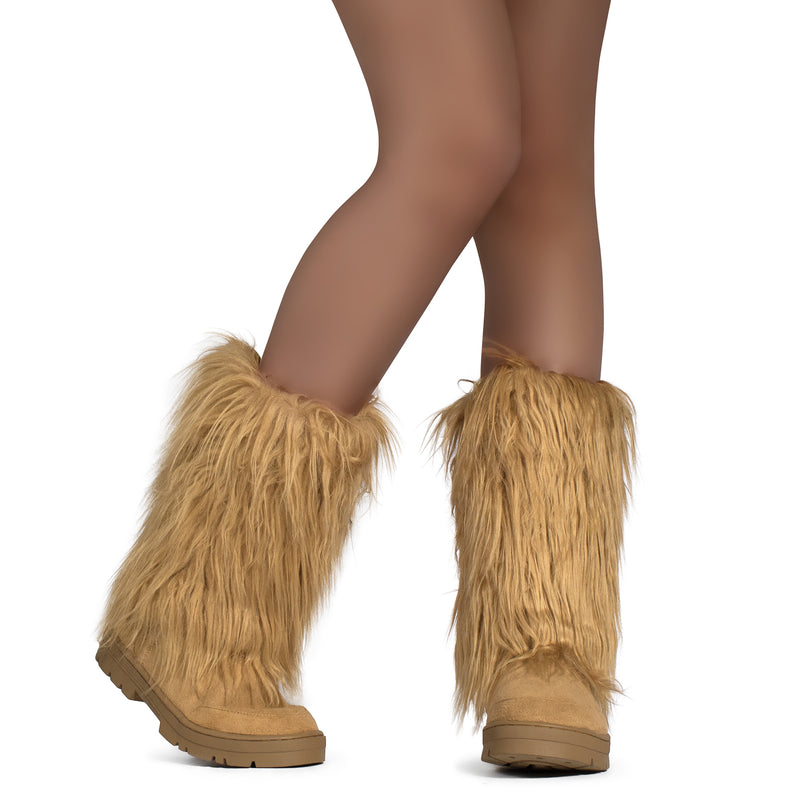 Long Fur Mid Calf Slip On Round Toe Lug Sole Eskimo Winter Boots CAMEL