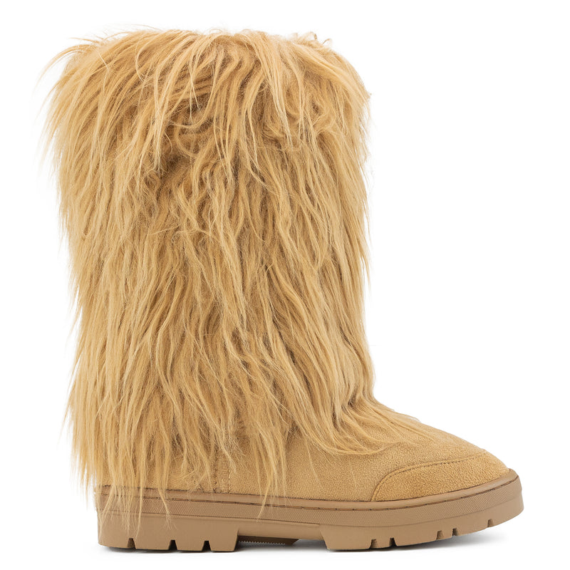 Long Fur Mid Calf Slip On Round Toe Lug Sole Eskimo Winter Boots CAMEL