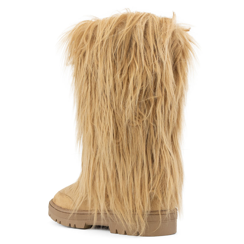 Long Fur Mid Calf Slip On Round Toe Lug Sole Eskimo Winter Boots CAMEL