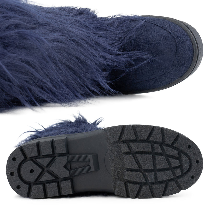 Long Fur Mid Calf Slip On Round Toe Lug Sole Eskimo Winter Boots NAVY