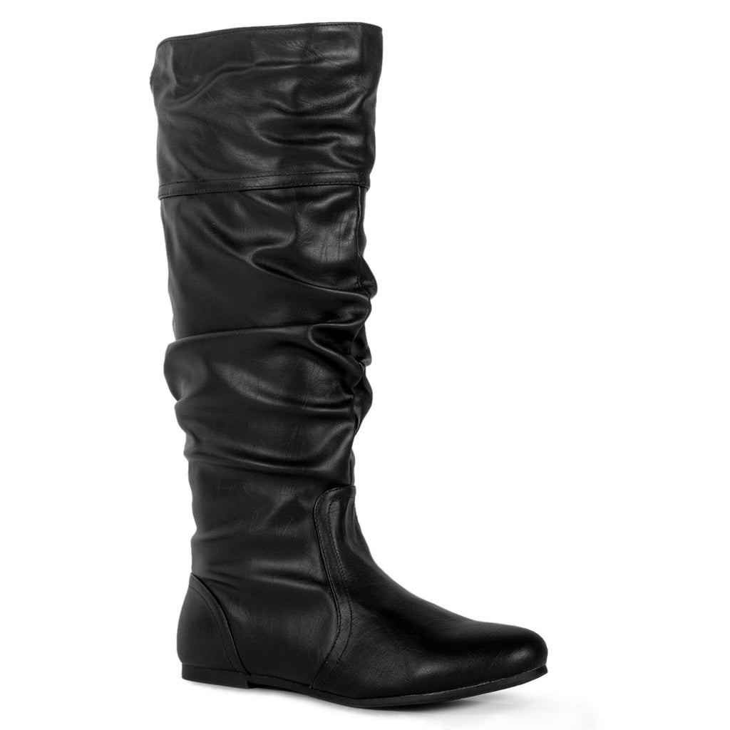 "Medium Calf" Slouchy Knee High Boots BLACK PU