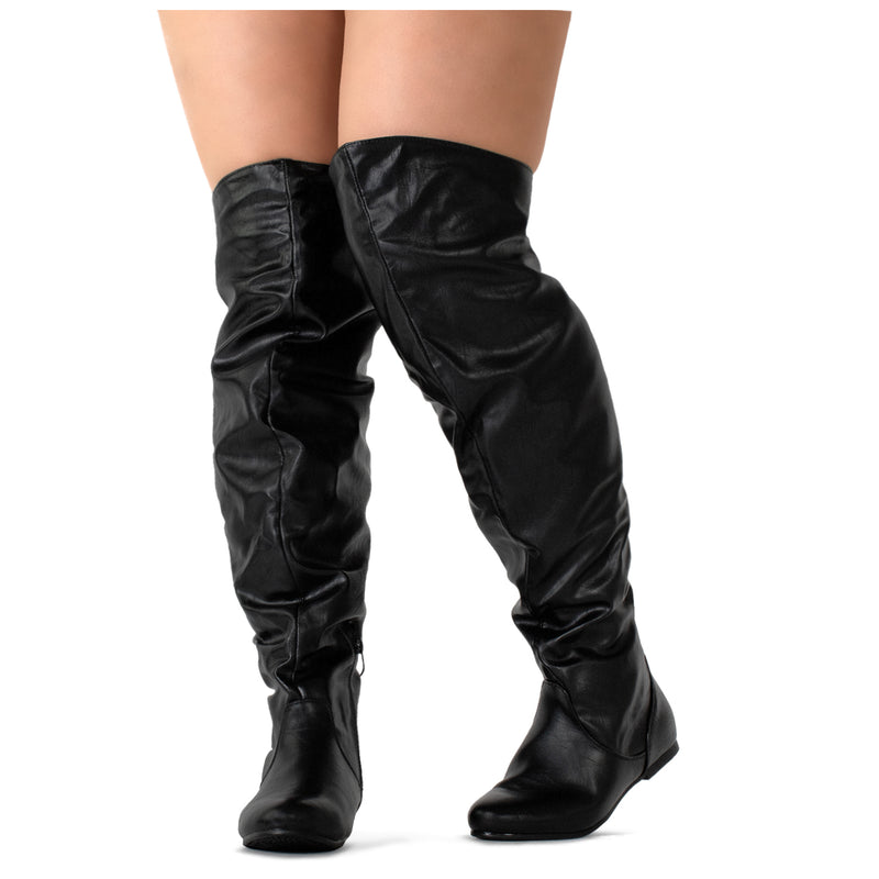 "Wide Calf" Women's Stretchy Over The Knee Slouchy Boots BLACK PU