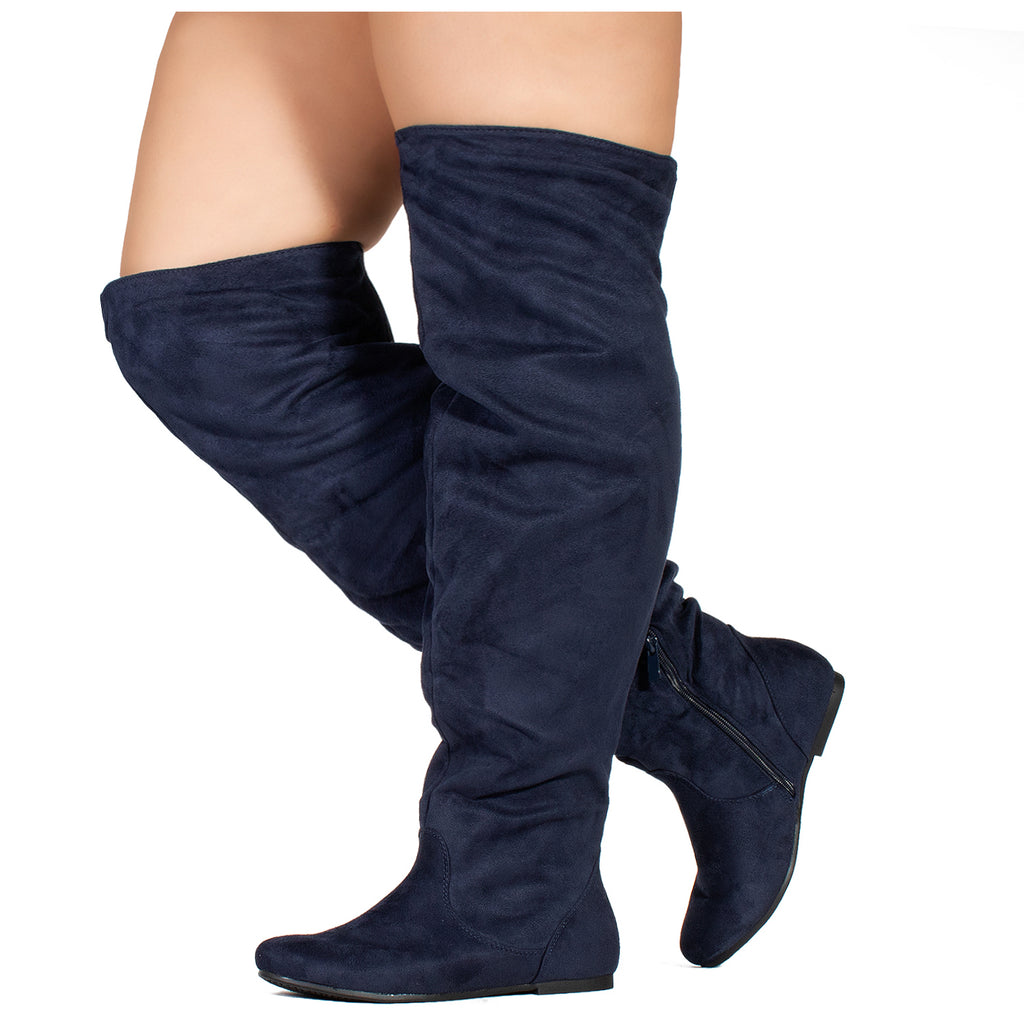 "Wide Calf" Women's Stretchy Over The Knee Slouchy Boots NAVY