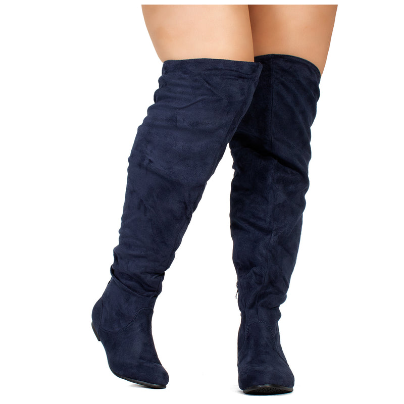 "Wide Calf" Women's Stretchy Over The Knee Slouchy Boots NAVY