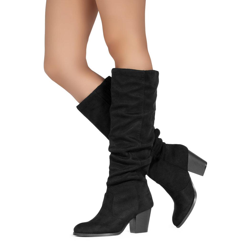 Regular Calf Stacked Heel Dress Knee High Boots BLACK