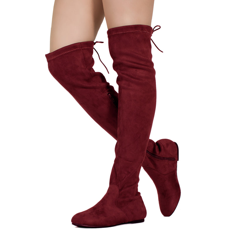 Women Fashion Comfy Vegan Suede Side Zipper Over The Knee Boots BURGUNDY