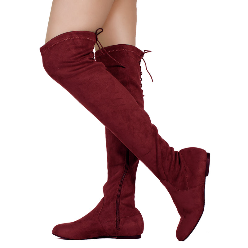 Women Fashion Comfy Vegan Suede Side Zipper Over The Knee Boots BURGUNDY